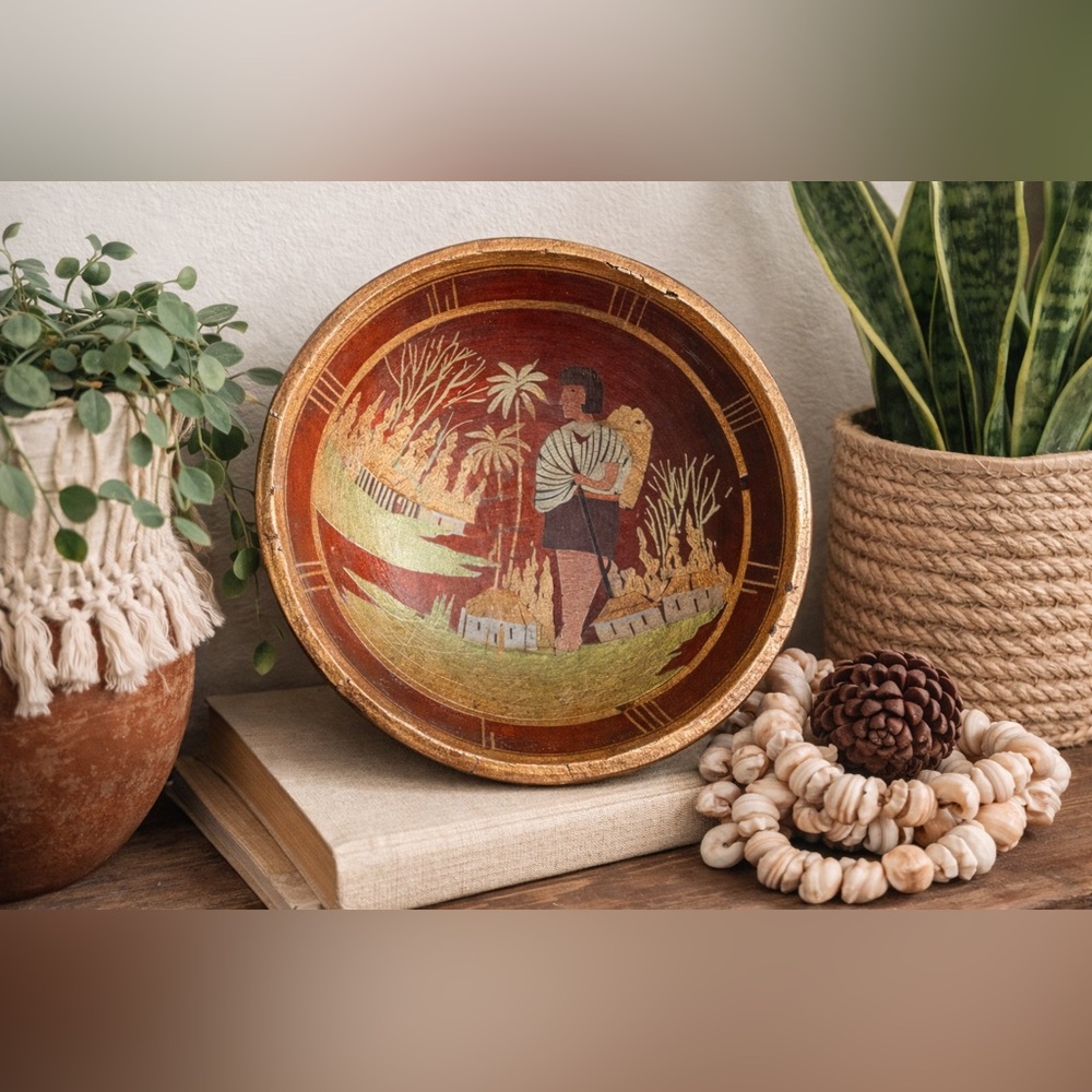 Vintage Hand Painted Wooden Bowl Asian Folk Art Boho Decor